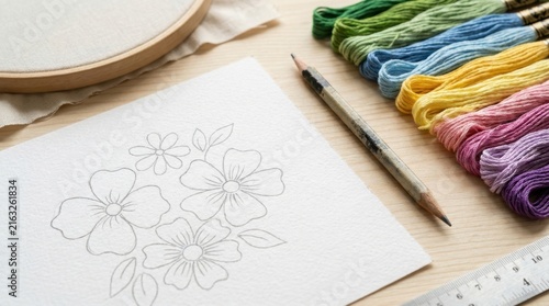 Garden design sketch surrounded by colorful yarn and drawing pencils on a wooden table. Creative planning concept for sustainable homestead landscaping and self sufficient living.