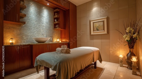 Spa retreat with massage table and ambient lighting, Tranquil spa setting with a massage table illuminated by gentle ambient lighting