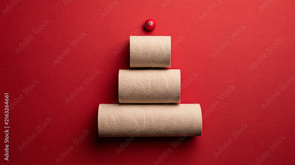 Fototapeta premium Three toilet paper rolls stacked in a pyramid shape with a red ornament on top, resembling a Christmas tree against a red backdrop.