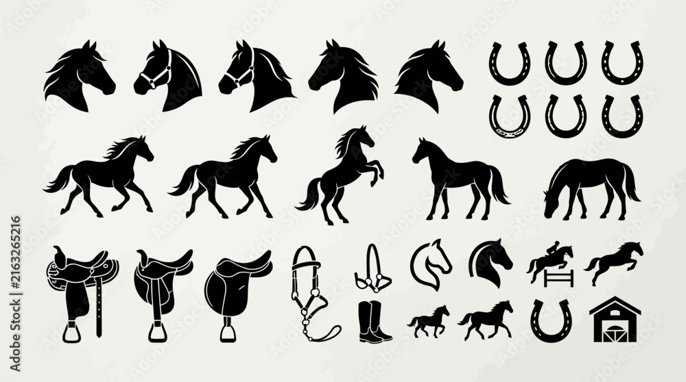 Fototapeta premium Minimalist horse vector illustrations for equestrian design. Simple horse and saddle icons for branding and marketing.