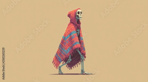 Stylized skeleton in poncho, A decorative skeleton dressed in a poncho