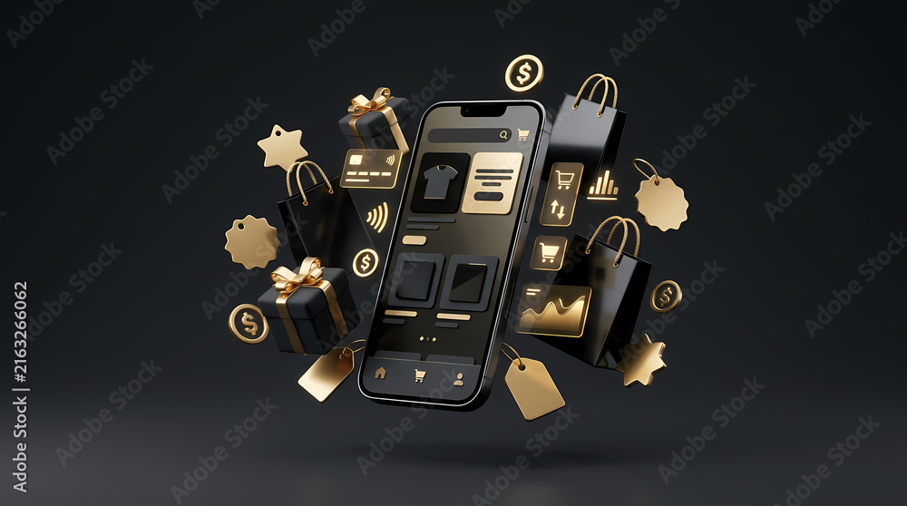 Naklejka premium A smartphone with e-commerce icons and shopping bags floating around it Black Friday Sale and Shopping Promotion