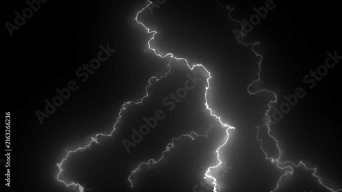 Powerful White Lightning Bolt Strike with Electric Energy Glow, Intense Thunderstorm Lightning Flash on Dark Black Background