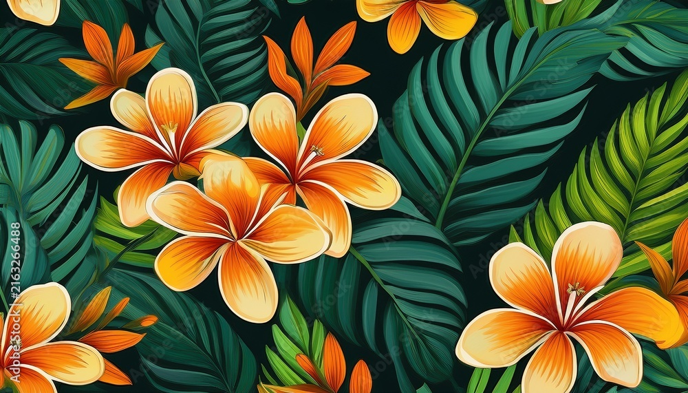 Obraz premium seamless pattern featuring tiare flowers and lush green leaves on dark background summer