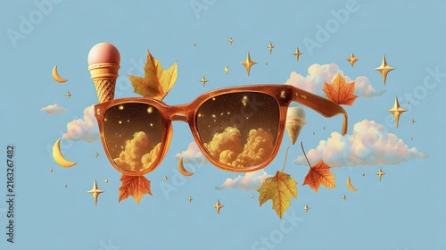 Sunglasses, ice cream, leaves, clouds and stars, Sunglasses and an ice cream cone are placed among vibrant leaves