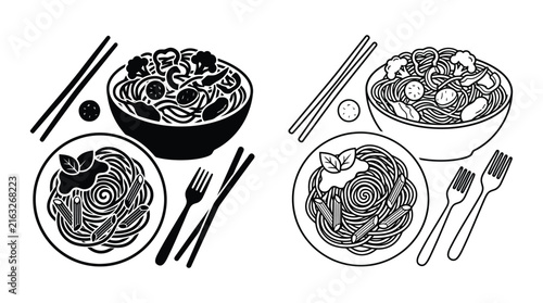 Pasta dishes with cutlery a black and white vector illustration