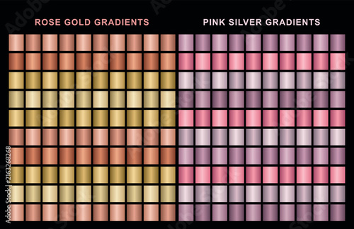 Rose gold gradients and pink silver gradients swatches, metallic foil texture collection, luxury copper and chrome color palette vector