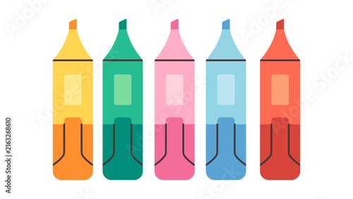 Cute colorful highlighter markers set. Marker pens for studying, note-taking, office work, school supplies, stationery. Flat vector illustration
