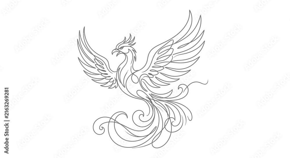 Fototapeta premium Mythical bird line art, stylized phoenix