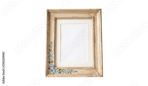 Fotografie Vintage wooden picture frame with blue floral hand painted details isolated on transparent background