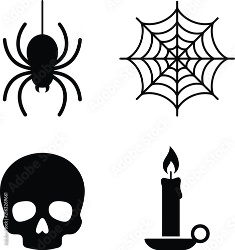 A collection of traditional halloween imagery featuring a spooky spider web a human skull and a flickering burning candle in a black