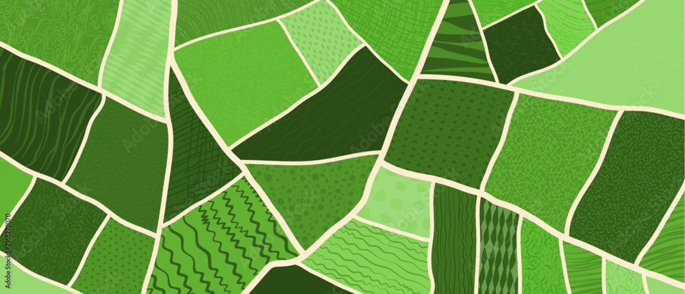 Naklejka premium Agriculture tea and rice plantations background with top view of farm arable fields. Green farm field top view of farmland aerial map with vineyards, garden parks and orchards with furrows pattern