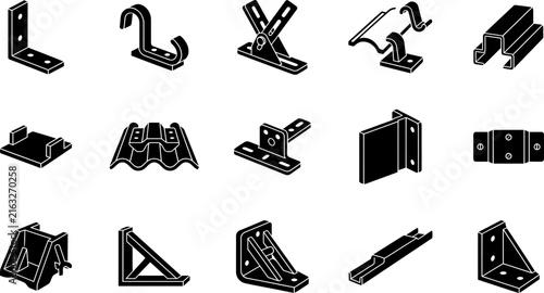 Black glyph icons representing construction tools safety equipment and building elements