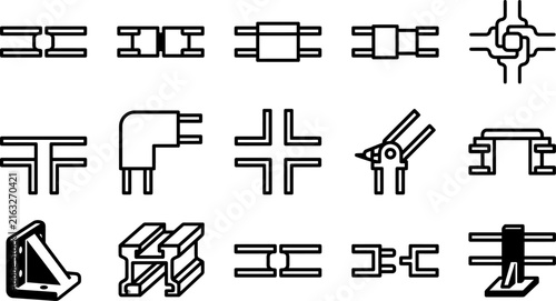 Collection of black and white line art illustrations of various metal structural components