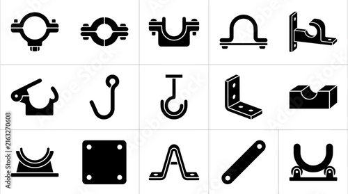 Collection of black industrial lifting and rigging hardware icons on white background