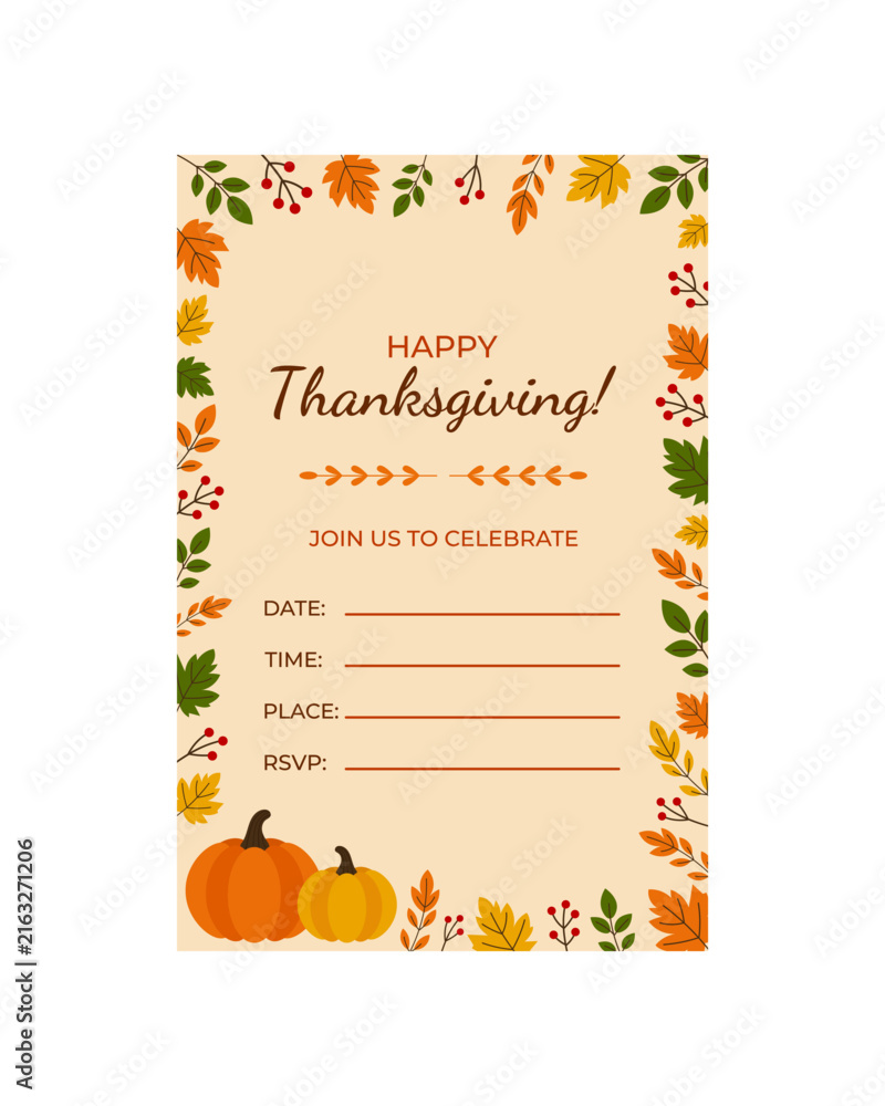 Fototapeta premium Thanksgiving invitation with pumpkin, leaves and text. Orange backdrop. Fall season. Autumn banner with fall elements. Thanksgiving postcard in doodle style.Flat style. Vector illustration.
