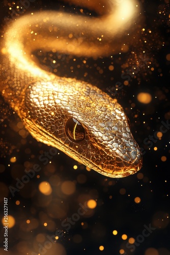 Golden snake with shimmering scales gliding gracefully, surrounded by golden particles in a dark environment during an enchanting evening scene