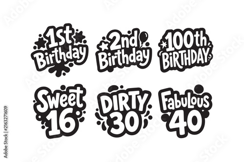 Birthday Typography Quote Collection with Fun Age and Celebration Lettering