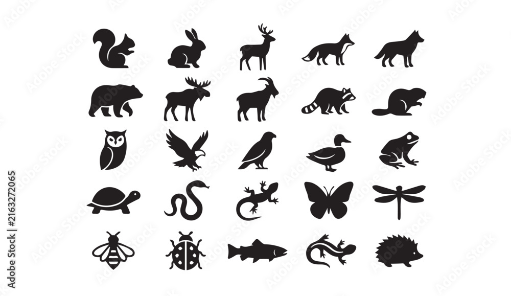 Fototapeta premium Set of wild animal silhouettes icons for nature and wildlife design