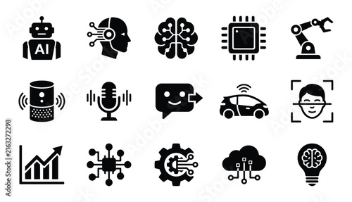 A comprehensive collection of artificial intelligence icons created by a professional vector illustrator for modern technology and digital business projects