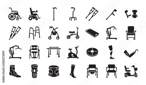Collection of medical mobility aids, rehabilitation, and assistive device icons