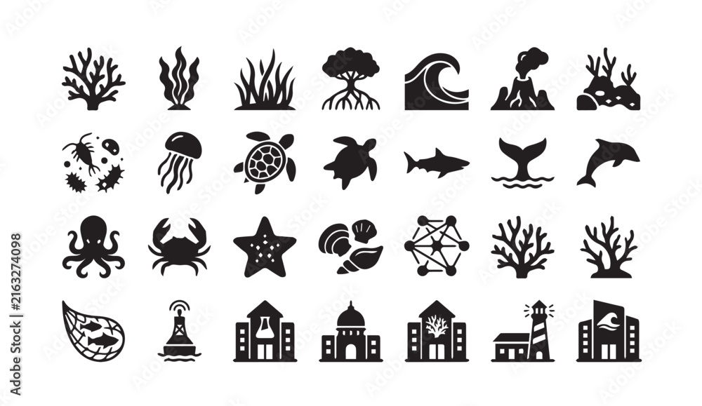 Obraz premium Marine life and oceanography research icon set with wildlife, jellyfish