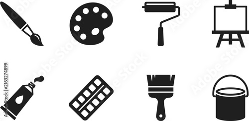 Painting tools and art supplies vector icon set with brushes palette colors easel and creative equipment