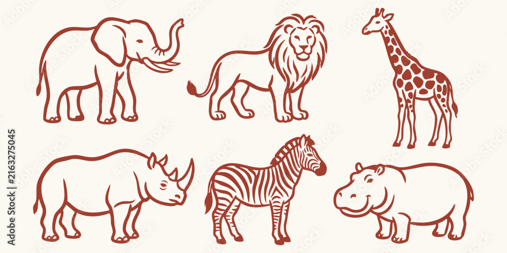 Naklejka premium African safari animals collection with elephant lion giraffe rhino zebra and hippopotamus in a hand made doodle style on a neutral background