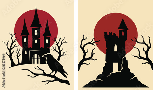 Foto Gothic haunted castle silhouettes, spooky Halloween raven and fortress vector se