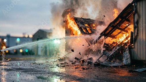Burning industrial building engulfed in flames and smoke as firefighters battle a destructive warehouse fire at night. Emergency response, disaster damage, and fire safety concept.