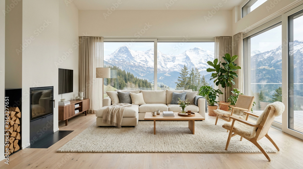Fototapeta premium Modern Minimalist Living Room with Panoramic Mountain View and Cozy Scandinavian Interior Design