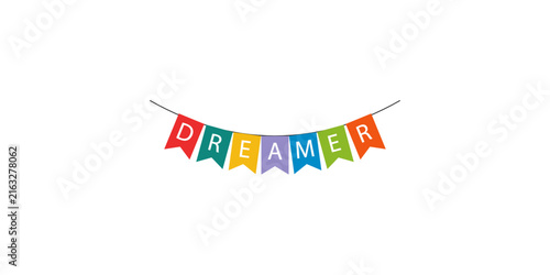 Фотография Colorful bunting flags spelling the word dreamer on white background
