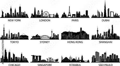 World Famous City Skyline Black Silhouette Set New York London Paris Dubai Tokyo Sydney Hong Kong Chicago Singapore Vector