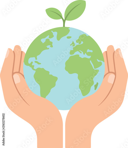 vector art of hands holding a green earth on isolated transparent background
