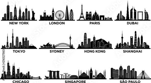 World Famous City Skyline Black Silhouette Set New York London Paris Dubai Tokyo Sydney Hong Kong Chicago Singapore Vector