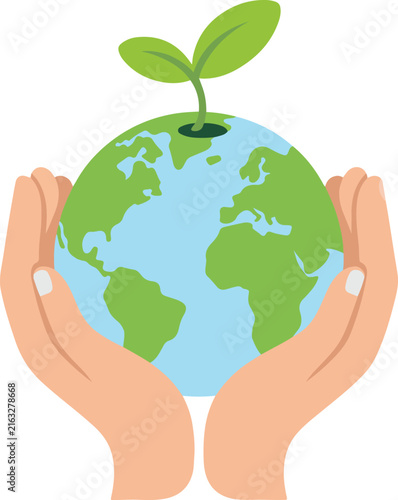 planet earth with hands holding a globe nurturing a green plant