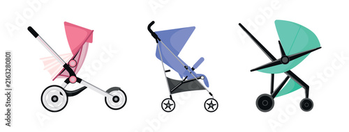 Foto Vector collection of three modern colorful baby strollers and pushchairs for newborn care, nursery design and parenting projects