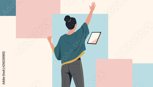 Creative young woman from behind reaches up toward a floating tablet on a colorful abstract geometric background.