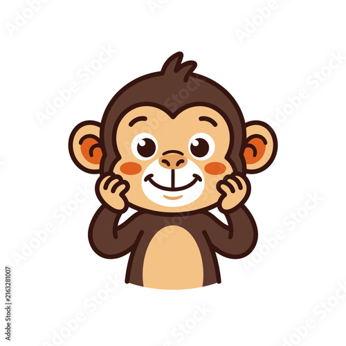 Cute cartoon monkey smiling with hands on cheeks isolated on white