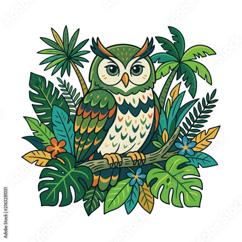 Colorful Cartoon Owl Perched in a Tropical Jungle
