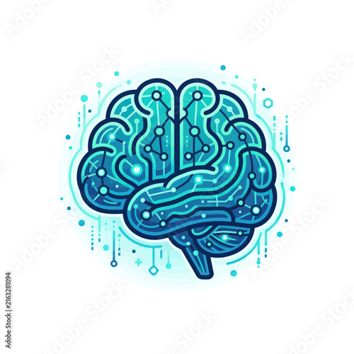 Stylized brain with circuits and nodes, representing AI and technology.