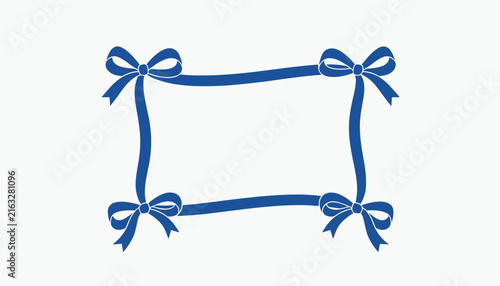 Elegant empty rectangular frame constructed from a dark blue ribbon tied with beautiful bows at all four corners.