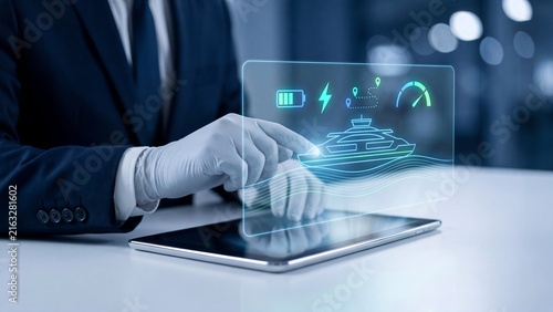 Businessman in gloves touching a holographic electric boat display showing battery, lightning, route, and speed gauge icons above a tablet, representing smart maritime transport, electric vessel monit