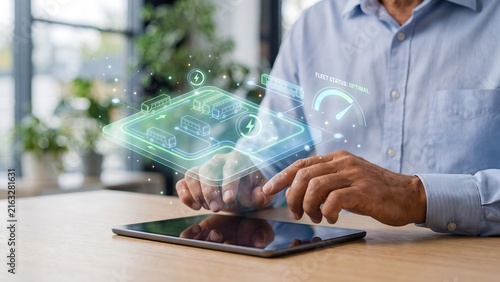 Manager interacting with a holographic electric bus fleet showing charging icons and optimal fleet status gauge above a tablet, representing smart public transport, electric vehicle management, and su