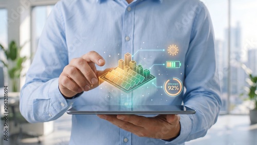 Businessman touching a holographic solar panel city model above a tablet with sun, battery, and 92% efficiency data icons, representing smart energy management, renewable power, and sustainable