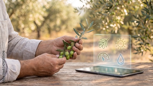 Farmer holding a fresh olive branch beside a tablet projecting holographic olive, sun, gauge, and water droplet monitoring icons in an orchard, representing smart olive farming, precision agriculture,