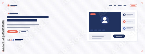 Corporate webinar website banner template with video call mockup speaker avatars live badge agenda list and placeholder text layout, online event hero vector
