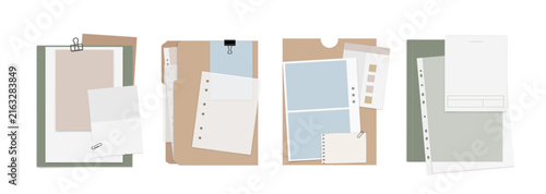 A set of illustrations featuring paper notes, folders, and paperclips in a minimalist style. A vector template with files, folders, paper notes, and paperclips, isolated on a white background.