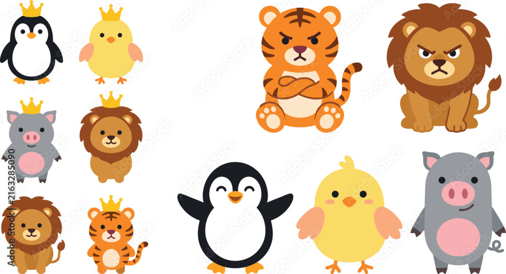 Obraz premium Cute wild and farm animal cartoon character set with angry tiger lion penguin chick pig