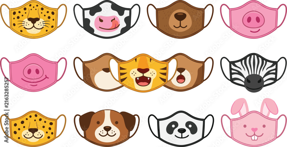 Obraz premium Cute animal face mask icon set with funny cartoon characters for kids protective wear